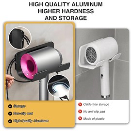 Aluminum Hair Dryer Holder, Self Adhesive Wall Mounted with Built-in Cord Wrap, No-Drill Blow Dryer Stand Compatible with Dyson & Most Brand/Size Hair Dryers, for Bathroom