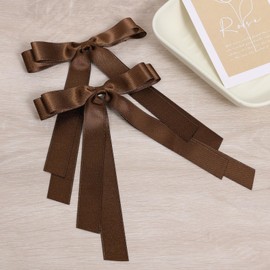 2Pcs Tassel Ribbon Hair Bows Clip with Long Tail for Women Girls Thick Fine Hair,5.5in Big Brown Solid Silky Satin Ribbon Ponytail Holder Fall Outfits Dress Decor Accessories