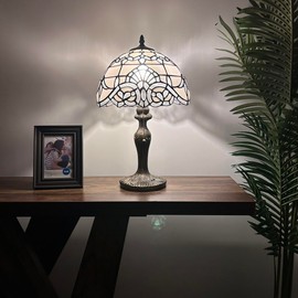 enjoy decor lamps White Stained Glass Table Lamp Baroque Style LED Bulb Included for Bedroom Living Room 12" W*12" D*19" H