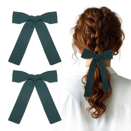 2 Pcs Cotton Linen Hair Bows,5 Inch Soft Cotton Linen Bow Hair Clips with Long Ponytail,Cute Non Slip Big Clips for Girls Toddler Baby School Kids(Green)