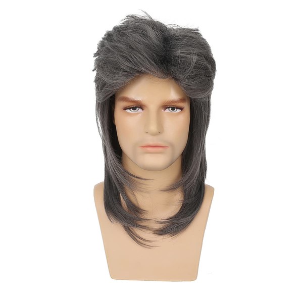 Baruisi Mullet Wigs for Men Grey 80s Cosplay Halloween Wig for Fancy Dress