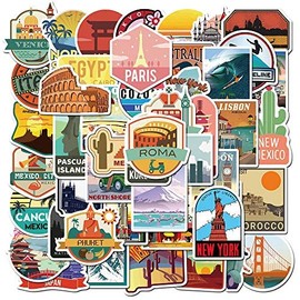 Pack of 50 Vintage Travel Stickers Set Vinyl Waterproof Aesthetic Stickers Retro Style Labels Luggage Graffiti Stickers for Suitcase Laptop Phone Guitar Motorcycle Bicycle Skateboard Computer Car