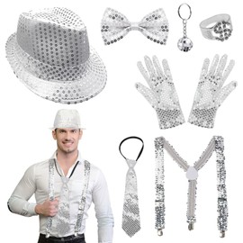 TUONYIS 7 Pcs Glitter Outfits for Men, Disco Outfit Sequins Accessories with Glitter Tie, Hat, Gloves, Bow Tie, Suspenders for 70s Disco Fancy Dress Party,Dance Performance,Hip Hop Jazz Shows (Silver)
