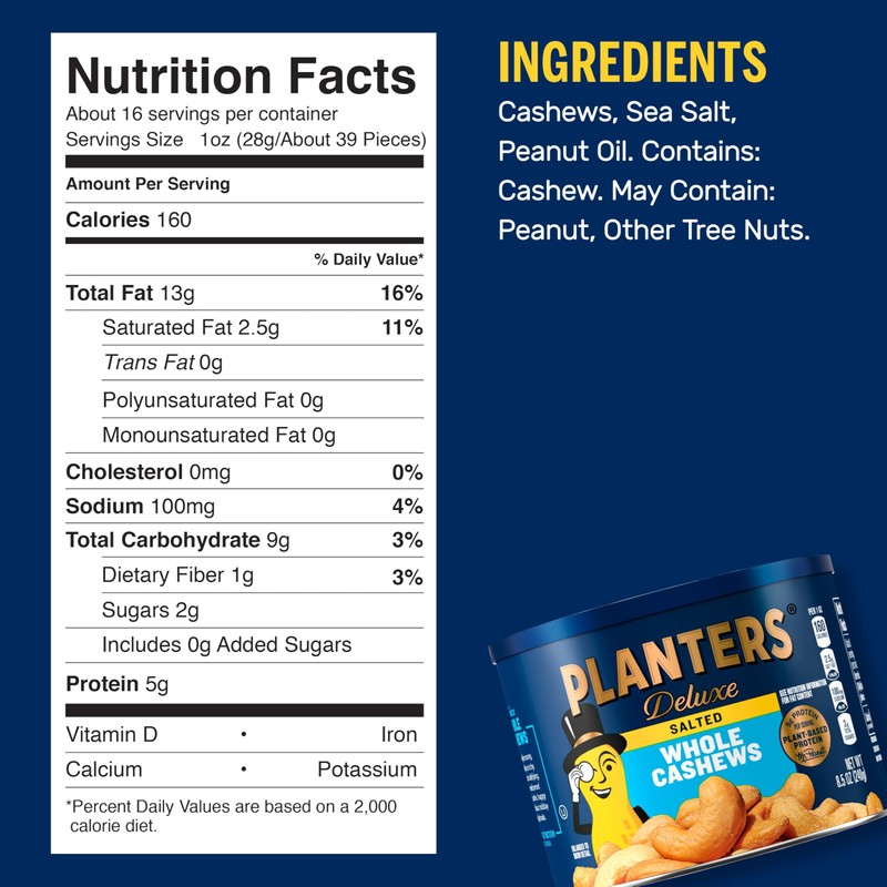 PLANTERS Deluxe Salted Whole Cashews, Party Snacks, Plant-based Protein, 8.5