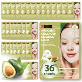 Innerest Original Derma Beauty Collagen Face Masks 36 PK Vegan Ultra Moisturizing Face Masks Skincare Sheet Masks Set for Beauty & Personal Care Korean Face Mask (Avocado)