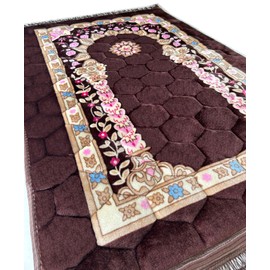 Prayer Mat Muslim Rug Islamic - Padded Thick Prayer Rug Sajadah for Men Women with Islam Prayer Beads for Eid Travel Ramadan, Soft and Luxury (Brown)