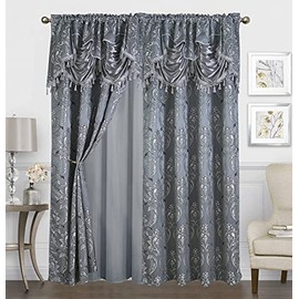Traditional Jacquard Curtain Drape Set 2-Panels 63-Inch Length, Includes Attached Valance, Sheer Backing, 2 Tassels, Damask Floral Pattern Drape for Living and Dining Rooms, DL647-63, Gray