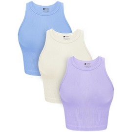 OLCHEE Womens 3 Pack Crop Tank Tops Basic Seamless Ribbed Round High Neck Racerback Workout Top Summer Causal Yoga Gym Shirts - Beige Light Blue Lavender Medium