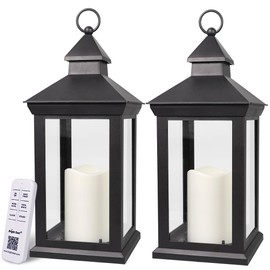 Bright Zeal 2-Pack 14" Candle Lanterns Outdoor Waterproof Decorative Lights with Timer Remote -Cool White Vintage Lantern Outdoor Decor