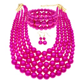 JNF Large Faux Pearl Necklaces for Women Multi strand Pearl Necklace Bracelet and Earrings Set Costume Pearls Necklace Jewelry Ladies (Fuchsia pearl necklace set)