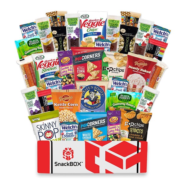 SnackBOX Gluten Free Healthy Snacks Care Package (34 Count) for College Students, Exams, Fathers Day, Military, Finals, Office and Gift Ideas. Over 3 LBS of Chips, Popcorn, and granola Bars.