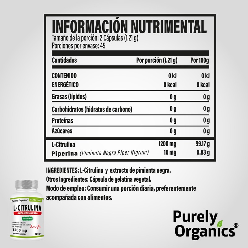 Precursor de óxido nítrico puro, vasodilatador natural. L Citrulina 1200