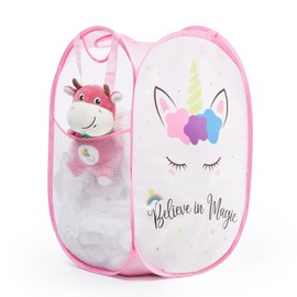 Mesh Pop Up Laundry Hamper with Durable Handles - Portable Collapsible Clothes Baskets for Dorm, Bathroom & Travel (Unicorn)