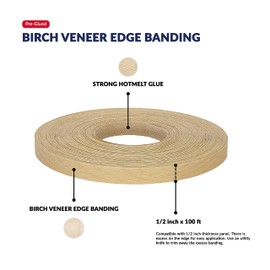 Birch Wood Veneer Edge Banding 1/2 inch x 100 ft Pre Glued Adhesive Edging Trim Tape Iron On Flexible Strip Roll Laminate Cabinate Countertop Furniture Shelf MDF Board Paintable Molding Easy Trimmer