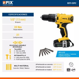 Pretul Taladro Rotomartillo Inalámbrico 1/2 20v Pretul Roti-20p2 Color Amarillo Frecuencia 60Hz
