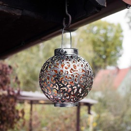 Navaris Metal LED Solar Lantern Outdoor with Carry Handle 21 cm Fascinating Shadow Effect Oriental Garden Solar Lantern Garden Decoration Lamp, Silver, 16cm