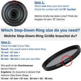 Step Down Ring, 1 Piece, Diameter 62 to 58 mm Diameter, Ultra Slim, Aluminium Bezel for Diameter 62 mm Lens and Diameter 58 mm Filter, Adapter Ring, Filter Adapter Stepdown Camera, Step-Down Lens