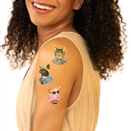 Tattly Cat Temporary Premium Tattoos - 16 Pieces, Skin-Safe Tested, Cruelty-Free Vegan Ink, Water Resistant,Adults, Teens or Kids, Realistic, Realistic, Artist-Designed