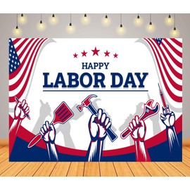 CORFOTO 9x6ft Fabric USA Flag Happy Labor Day Backdrop Banner American Flag Labor Day Background for Labors Themed Party Decorations Worker Tools Photo Props