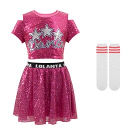 LOLANTA 4 Piece Dance Costume for Girls Sequin Skirt with Sequin Top for Hip-hop Team Perforamnce (RosePink, 7-8 Years)