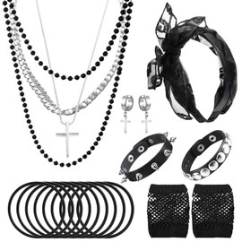 Wagrvuy 80s Costume Accessories for Women, Punk Fancy Dress Party Kit with Lace Headband Earrings Fishnet Gloves Necklace Bracelet for 80's Retro Themed