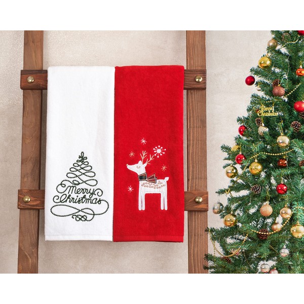 American Soft Linen Christmas Towels Bathroom Set, 2 Packed Embroidered Decorative 100% Turkish Cotton Hand Towels, Dish Towels for Decor Xmas, Tree-Deer