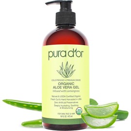 PURA D'OR- Gel de aloe vera orgánico de 16 oz - Limoncillo - Totalmente natural - CERO conservantes artificiales - Hidratación profunda