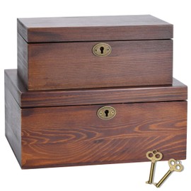 Vintage Style Wooden Box with Hinged Lid - Decorative Lockable Chest for Keepsakes, Valuables, Accessories, Treasured Items - Unique Walnut-Like Wood Finish, Aged Brass Hinges, Antique Lock - 2-Piece