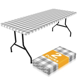 Smiry Picnic Table Cloth 2 Pack, Waterproof Elastic Fitted Tablecloths for 6FT Rectangle Tables, Washable Polyester Buffalo Plaid Tablecloth for Camping, Dining & Outdoor (Grey & White, 30" x 72")