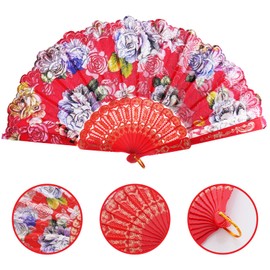 Handheld Floral Folding Fans (1, Red)