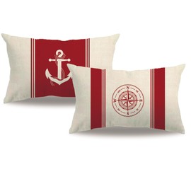 7COLORROOM 2Pack Nautical Sailing Throw Pillow Cover Anchor/Compass Pattern Rectangular/Waist Cushion Cover Ocean Beach Home Decor Pillowcases 12"×20",for Sofa Couch Patio (Red)