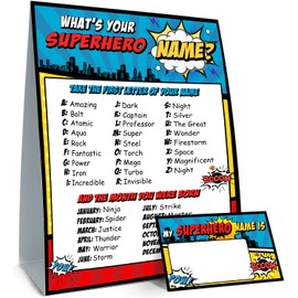 What is Your Superhero Name Game, Game Sign and 30 Cards, Super Hero Birthday Party Sign for Boys, Holiday Activity, Kids Superhero Activity Cards - Suministros de decoración de actividades de superhéroe