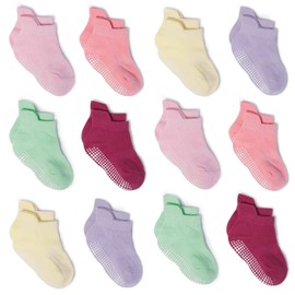 ZAPLES Baby Girls Non Slip Grip Ankle Socks with Anti Skid Soles for Infants Toddlers, Girls - 12 Pairs, 0-6 Months