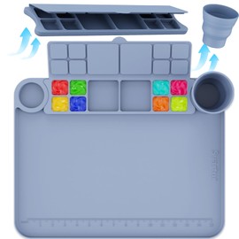 Silicone Painting Mat with Cup and Palette Removable, 17"X13" Thick Silicone Art Mat for Craft with Raised Edge for Resin DIY Making, Gray