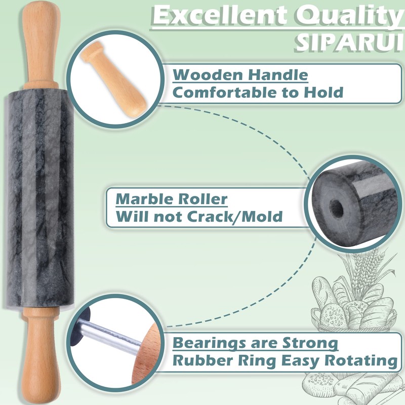 SIPARUI Marble Rolling Pin with Wooden Cradle Thick Handle Set