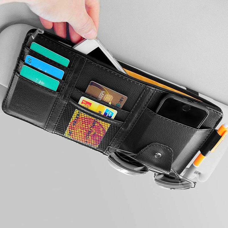 Leather Car Sun Visor Organizer with Net & Zipper, Ultra