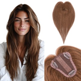 Benehair Hair Toppers for Women Real Human Hair 100% Remy Human Hair Pieces for Women with Thinning Hair 8 * 10cm Lace Silk Base 10 Inch 30g Clip in Hair Extensions Golden Brown