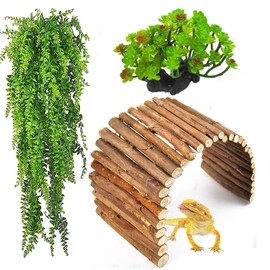 MUYG 3 PCS Bearded Dragon Tank Accessories, Reptile Hideout Wooden Bridge Hanging Plant Artificial Succulent Plants Terrarium Decor Hiding Climbing for Chameleon Gecko Lizard Snakes Frog