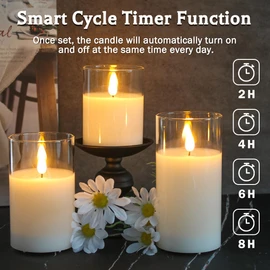 LEDHOLYT Rechargeable Flameless Glass Pillar Candles–Gifts for Women–Set of 3, Realistic Flickering LED Light,Remote & Timer, USB-Rechargeable, Ideal for Living Room, Bedroom & Holiday Décor