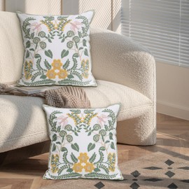 Pilmandu Set of 2 Embroidered Decorative Throw Pillow Covers Couch Square Pillowcases Cushion for Bedroom Sofa Farmhouse Decor 18x18 Inch (Flower-A)