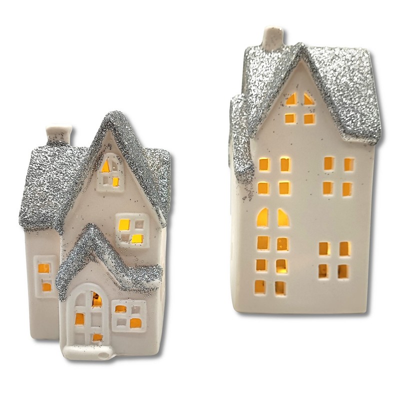 DARO DEKO Ceramic LED House Light House Silver Glitter Set