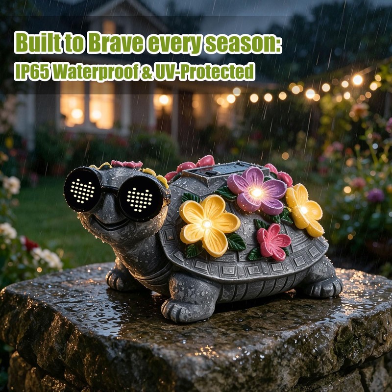 Solar Garden Outdoor Turtle Statue with Sunglasses and Flower LED