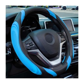 JNNJ Car Leather Steering Wheel Cover, Sport Universal 37-38cm Steering Wheel Cover, Steering Wheel Cover Breathable, Sweat Absorbent, Anti Slip, Protective Car Interior Accessories(Black/Blue)