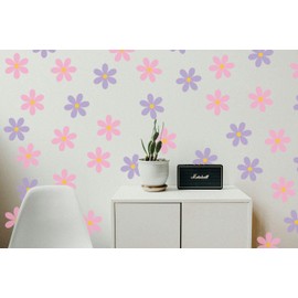 DWUENT Pink Purple Daisy Flower Wall Stickers for Girls Bedroom, Nursery, Living Room - PVC Floral Wall Decals 48pcs (30x20cm)