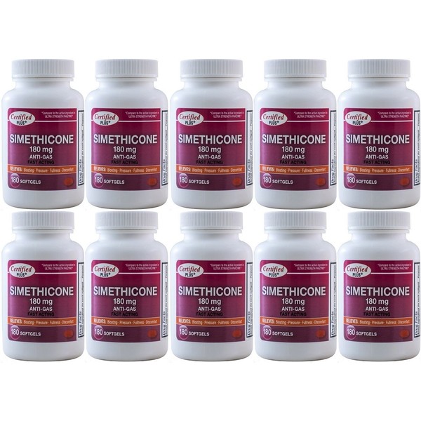 Simethicone 180 mg 1800 Softgels Anti-Gas Generic for Phazyme Ultra Strength Fast Relief of Stomach Gas and Bloating 180 Gelcaps per Bottle Pack of 10 Total 1800 Gelcaps