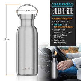 Arendo - Thermal Water Bottle 500 ml - Insulated Flask Stainless Steel - Double-Walled Thermos Flask - with Handle on the Top - BPA-Free - Leak-Proof - Keep Cool for 24 Hours - Keep Warm for 12 Hours