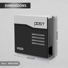 Yoocabinet Mailbox Wall Mount,Large Capacity Locking Mailbox for Outside,Galvanized Steel Cover and Rust-Proof Metal Post Box with Newspaper Holder,14.6"x14.6"x4.3" Black,MD024G