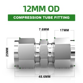TAISHER 1 PCS 304 Stainless Steel Compression Tube Pipe Fitting Connector, 12mm Tube OD x 12mm Tube OD Straight Adapter