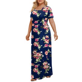 LONGYUAN Women Summer Short Sleeve Dress Casual Plus Size Maxi Long Dresses with Pockets Fl, XL Navy Blue Flower