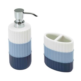 IZOD - Bathroom Set, 2pc Countertop Accessories, Striped Resin Toothbrush Holder & Lotion Pump, Dorm Room Essentials (Clubhouse Collection, Blue)